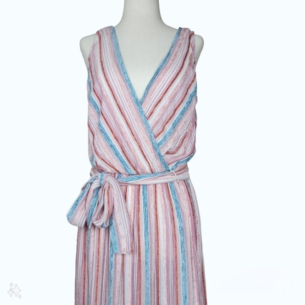 Sleeveless Striped Tiered Wrap Style Belted Velvet Maxi Dress w Pockets 8 - Picture 3 of 13